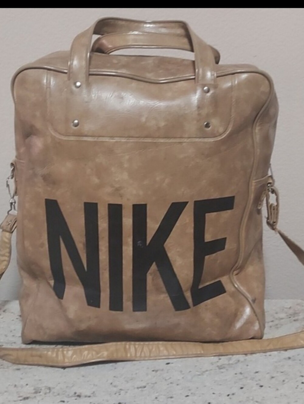 Vintage 70s/80s Nike Travelite Vinyl Messenger Bag - Tan/Black Swoosh